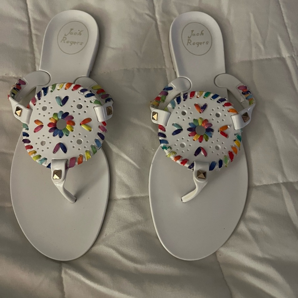 Jack Rogers White Sandals with Multicolor Braided Accents
